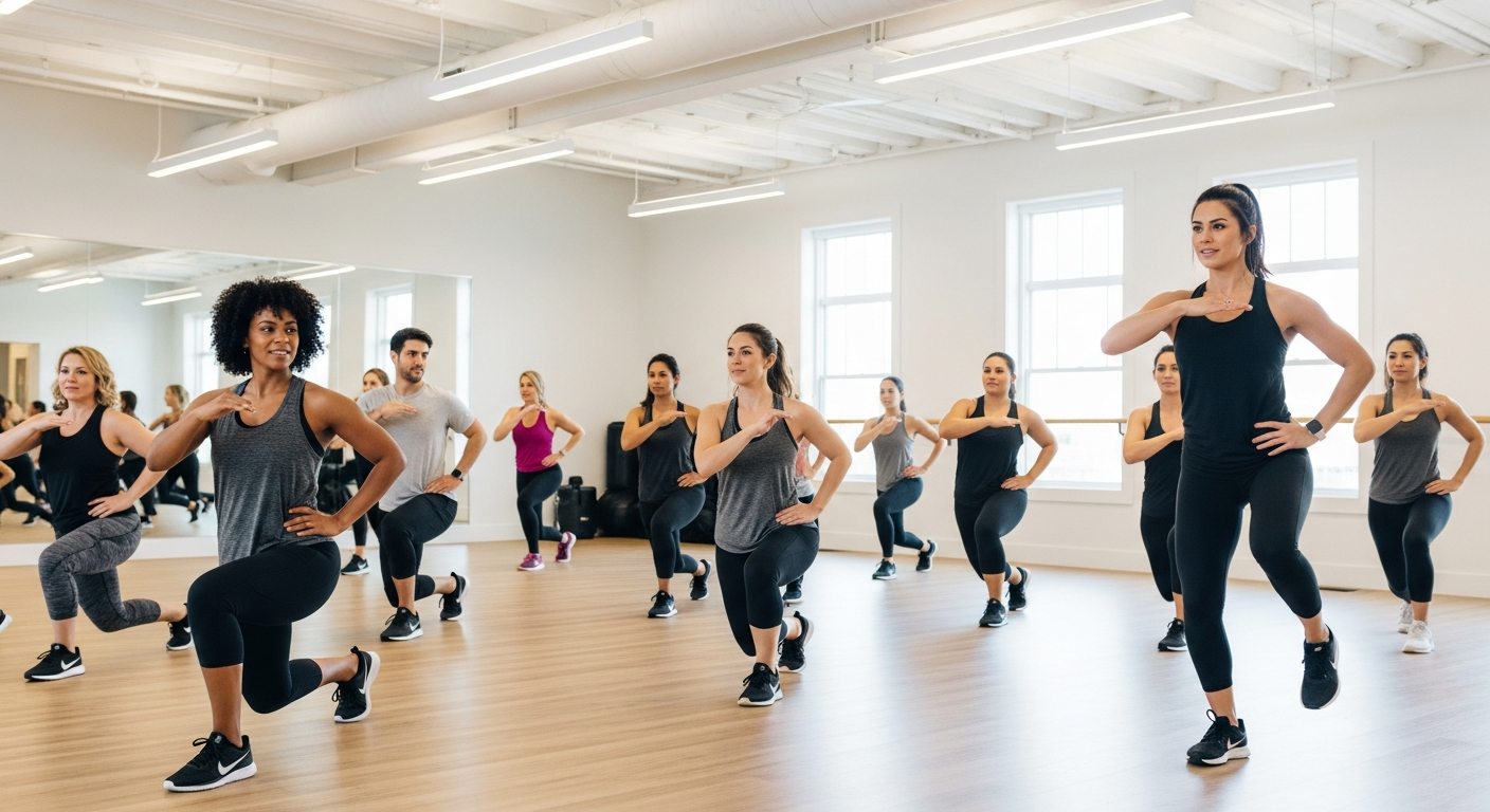 Group fitness class with diverse participants at Core Ambitions studio